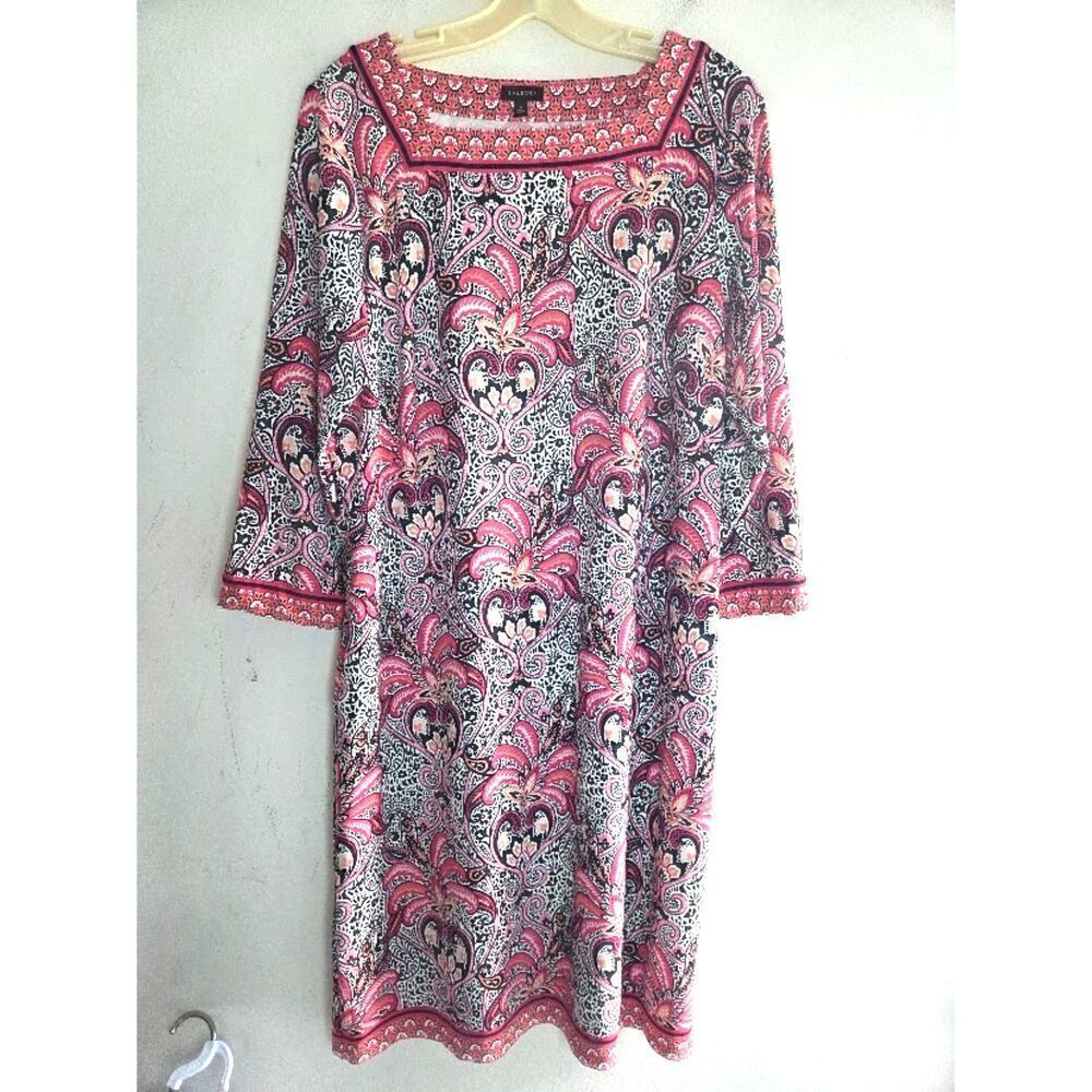 Talbots Pink Black Floral Pasley Square Neck Jersey Knit A-Line Dress sz Large